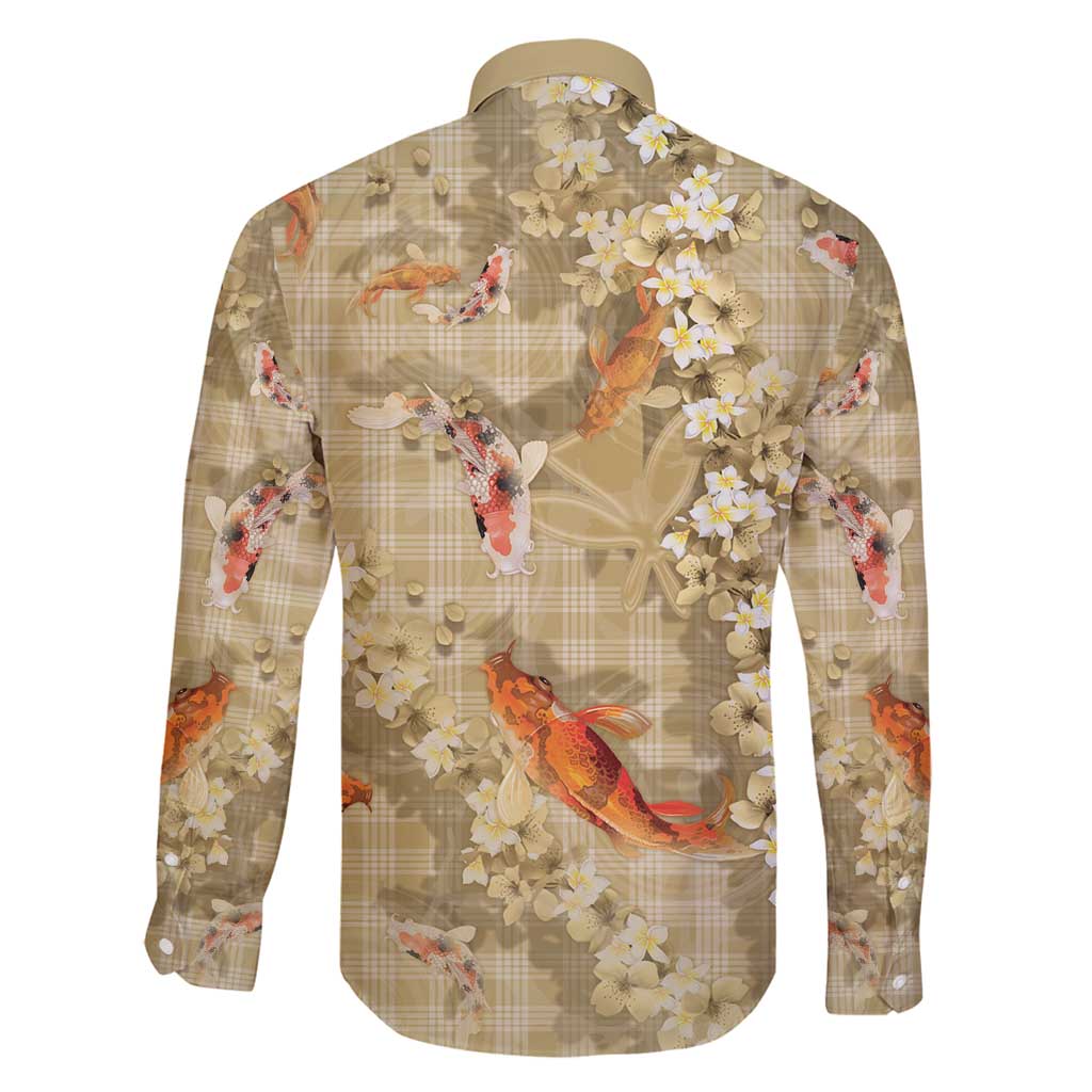 Beige Palaka Hawaiian And Japanese Family Matching Puletasi and Hawaiian Shirt Sakura Lei With Koi Fish - Polynesian Pride