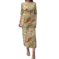 Beige Palaka Hawaiian And Japanese Family Matching Puletasi and Hawaiian Shirt Sakura Lei With Koi Fish - Polynesian Pride