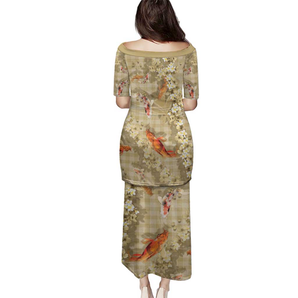 Beige Palaka Hawaiian And Japanese Family Matching Puletasi and Hawaiian Shirt Sakura Lei With Koi Fish - Polynesian Pride
