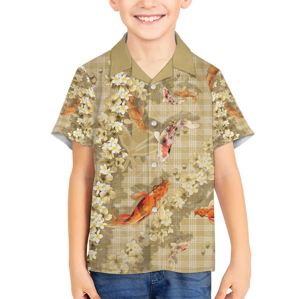 Beige Palaka Hawaiian And Japanese Family Matching Puletasi and Hawaiian Shirt Sakura Lei With Koi Fish - Polynesian Pride