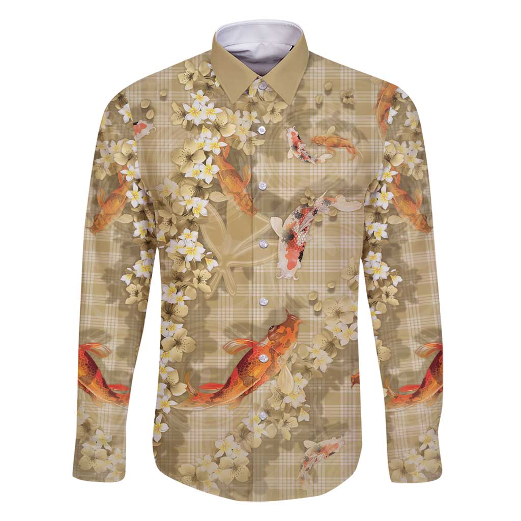 Beige Palaka Hawaiian And Japanese Family Matching Tank Maxi Dress and Hawaiian Shirt Sakura Lei With Koi Fish - Polynesian Pride