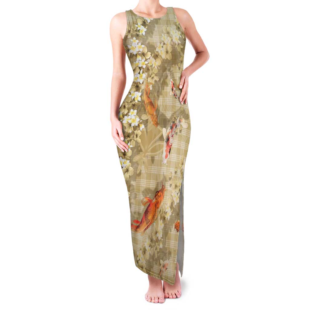 Beige Palaka Hawaiian And Japanese Family Matching Tank Maxi Dress and Hawaiian Shirt Sakura Lei With Koi Fish - Polynesian Pride