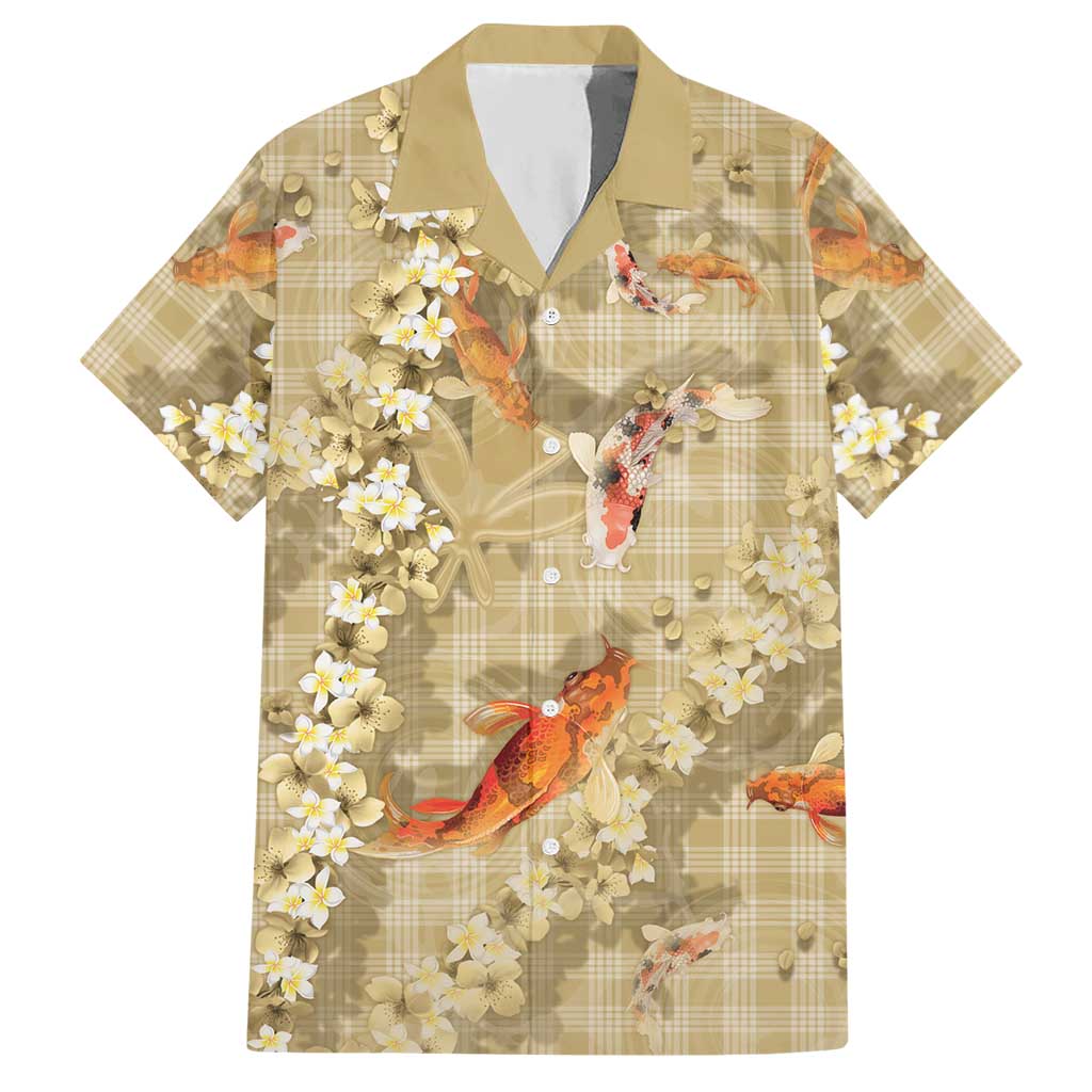 Beige Palaka Hawaiian And Japanese Hawaiian Shirt Sakura Lei With Koi Fish - Polynesian Pride