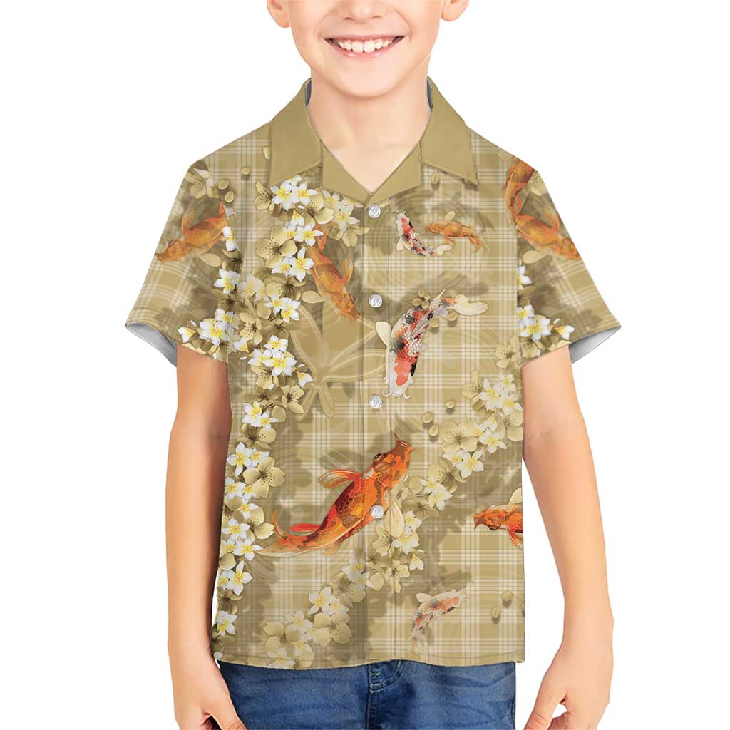 Beige Palaka Hawaiian And Japanese Hawaiian Shirt Sakura Lei With Koi Fish - Polynesian Pride