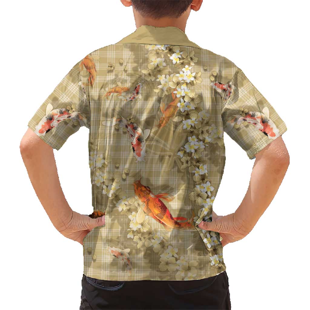 Beige Palaka Hawaiian And Japanese Hawaiian Shirt Sakura Lei With Koi Fish - Polynesian Pride