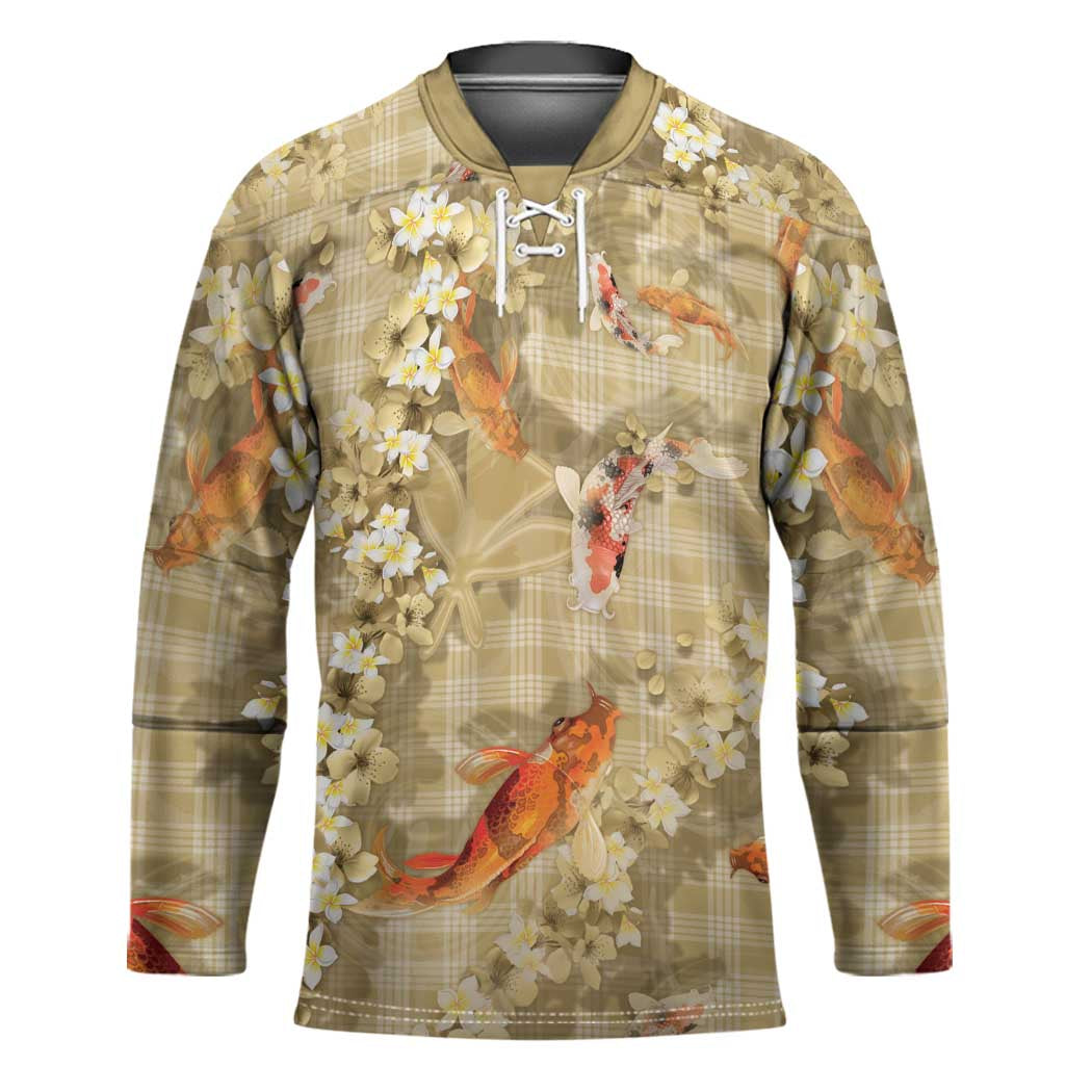 Beige Palaka Hawaiian And Japanese Hockey Jersey Sakura Lei With Koi Fish - Polynesian Pride