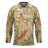 Beige Palaka Hawaiian And Japanese Hockey Jersey Sakura Lei With Koi Fish - Polynesian Pride