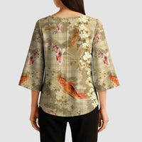 Beige Palaka Hawaiian And Japanese Kimono Sleeve Blouse Sakura Lei With Koi Fish - Polynesian Pride