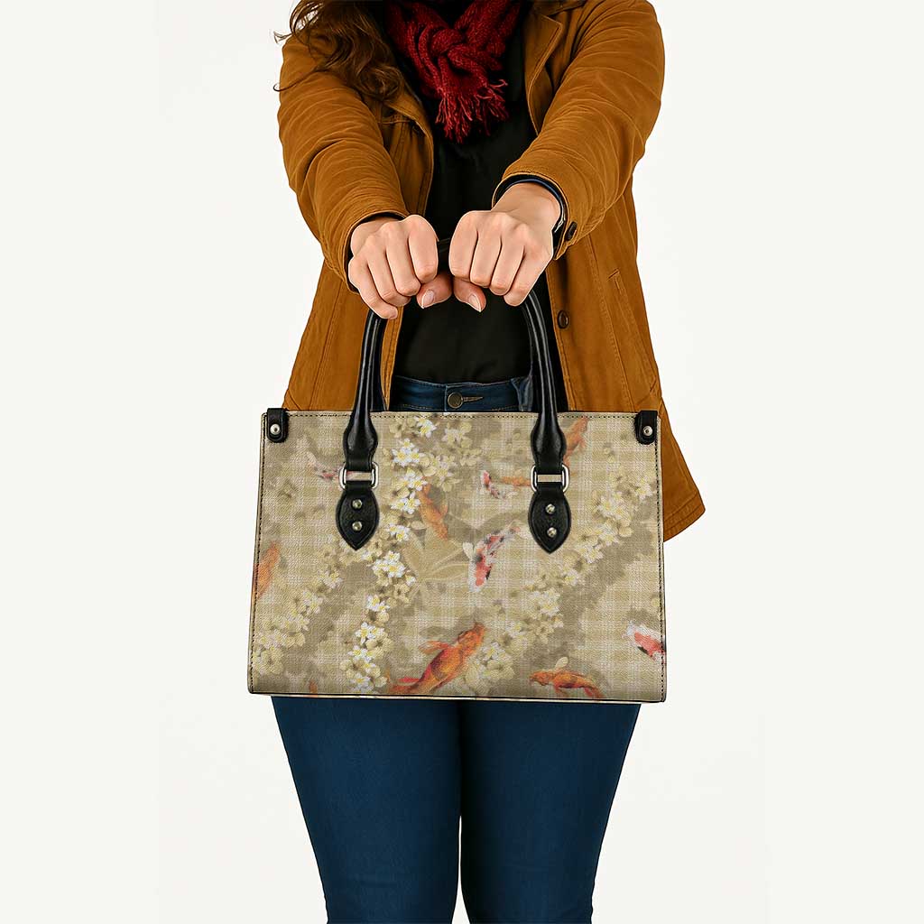 Beige Palaka Hawaiian And Japanese Leather Bag Sakura Lei With Koi Fish - Polynesian Pride
