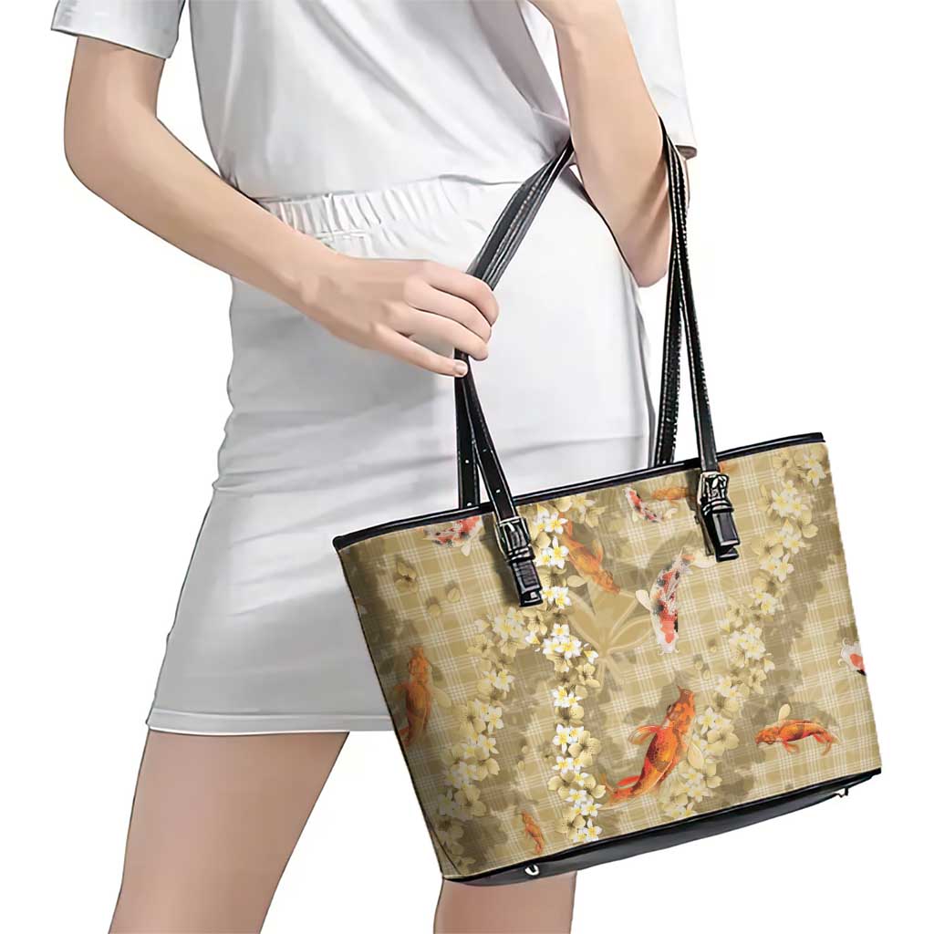 Beige Palaka Hawaiian And Japanese Leather Tote Bag Sakura Lei With Koi Fish - Polynesian Pride