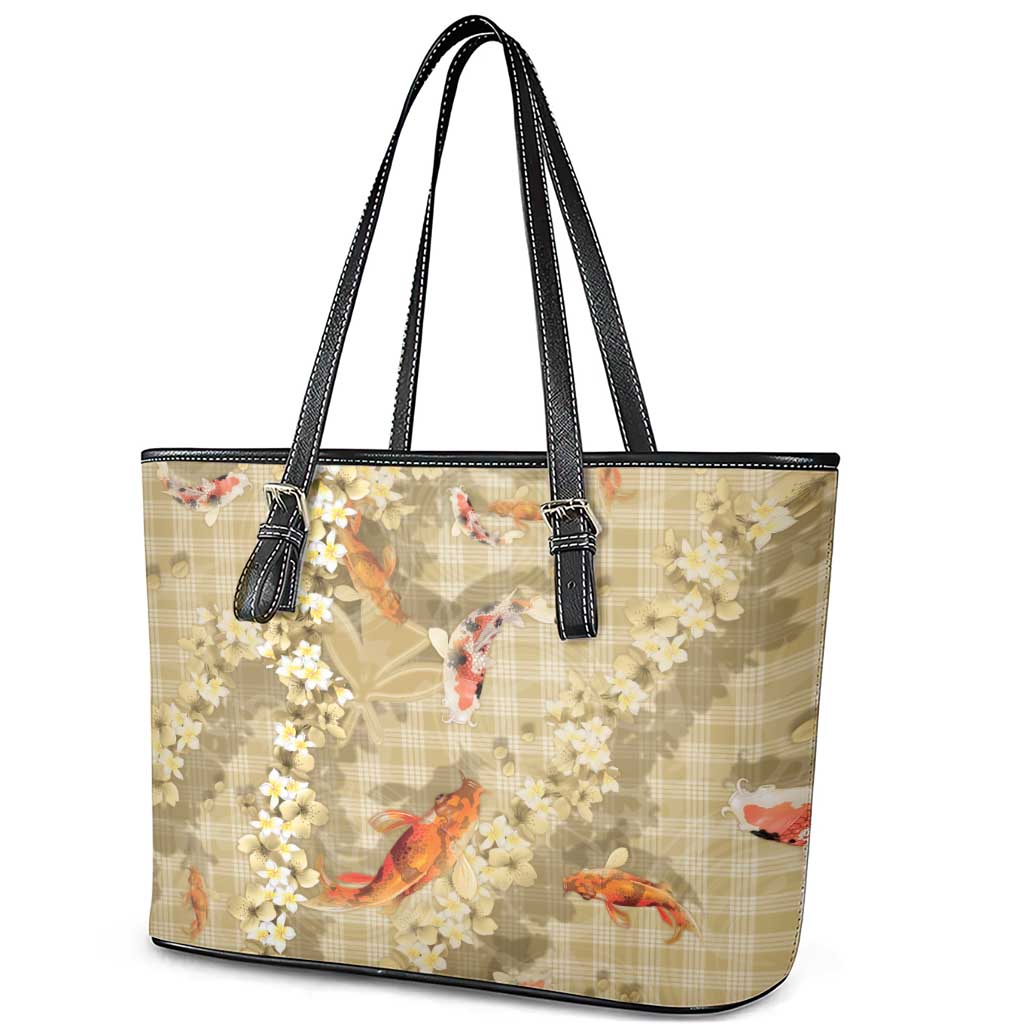 Beige Palaka Hawaiian And Japanese Leather Tote Bag Sakura Lei With Koi Fish - Polynesian Pride