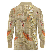 Beige Palaka Hawaiian And Japanese Long Sleeve Polo Shirt Sakura Lei With Koi Fish - Polynesian Pride