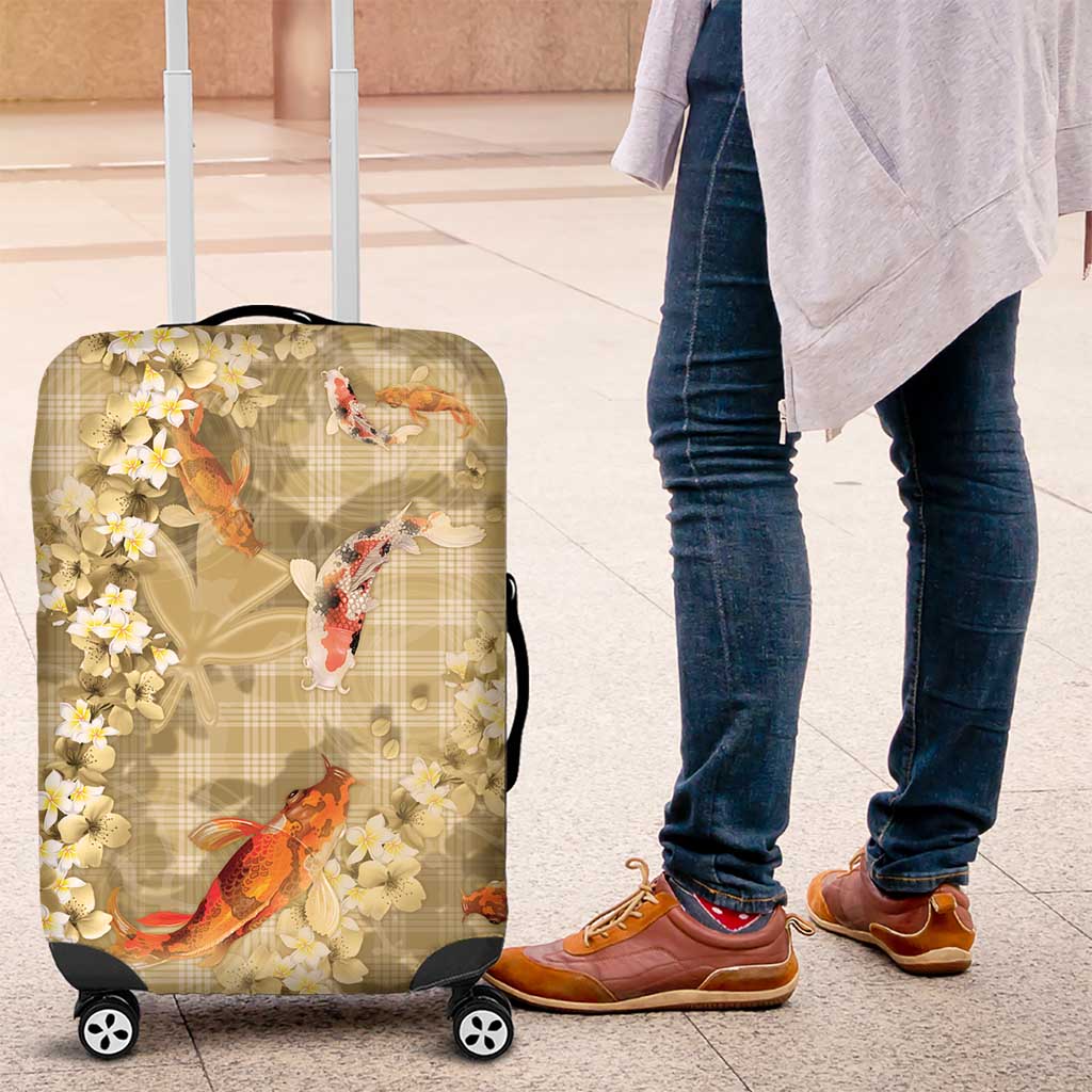 Beige Palaka Hawaiian And Japanese Luggage Cover Sakura Lei With Koi Fish - Polynesian Pride