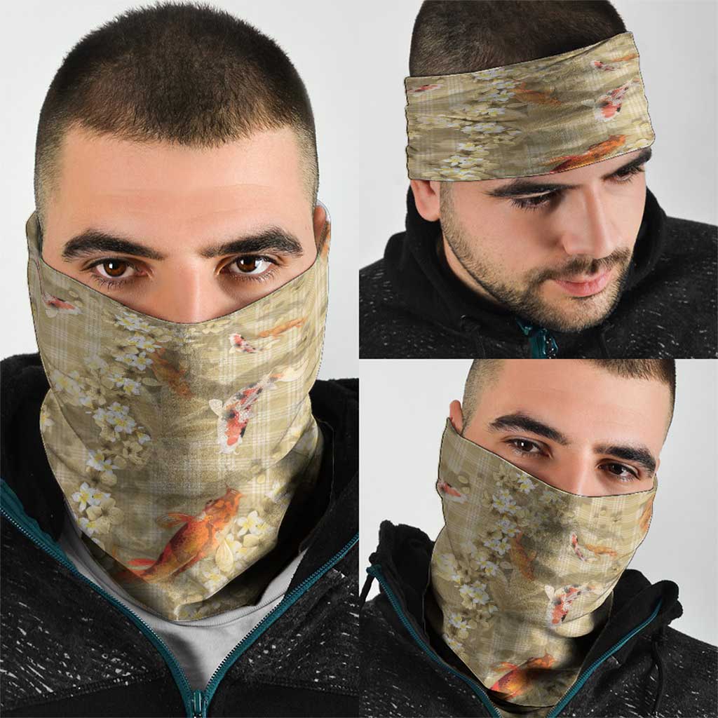 Beige Palaka Hawaiian And Japanese Neck Gaiter Sakura Lei With Koi Fish - Polynesian Pride