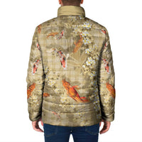 Beige Palaka Hawaiian And Japanese Padded Jacket Sakura Lei With Koi Fish - Polynesian Pride