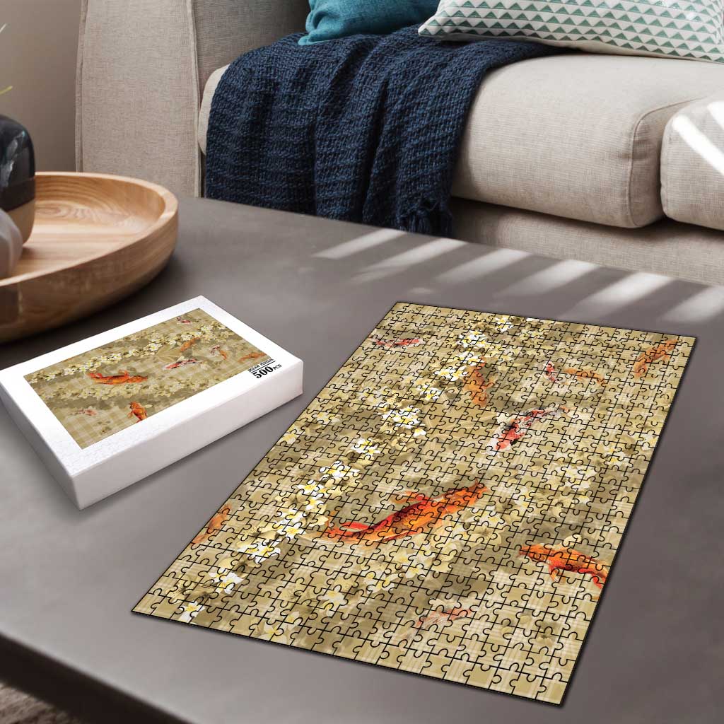 Beige Palaka Hawaiian And Japanese Puzzle Sakura Lei With Koi Fish - Polynesian Pride
