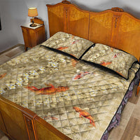 Beige Palaka Hawaiian And Japanese Quilt Bed Set Sakura Lei With Koi Fish - Polynesian Pride