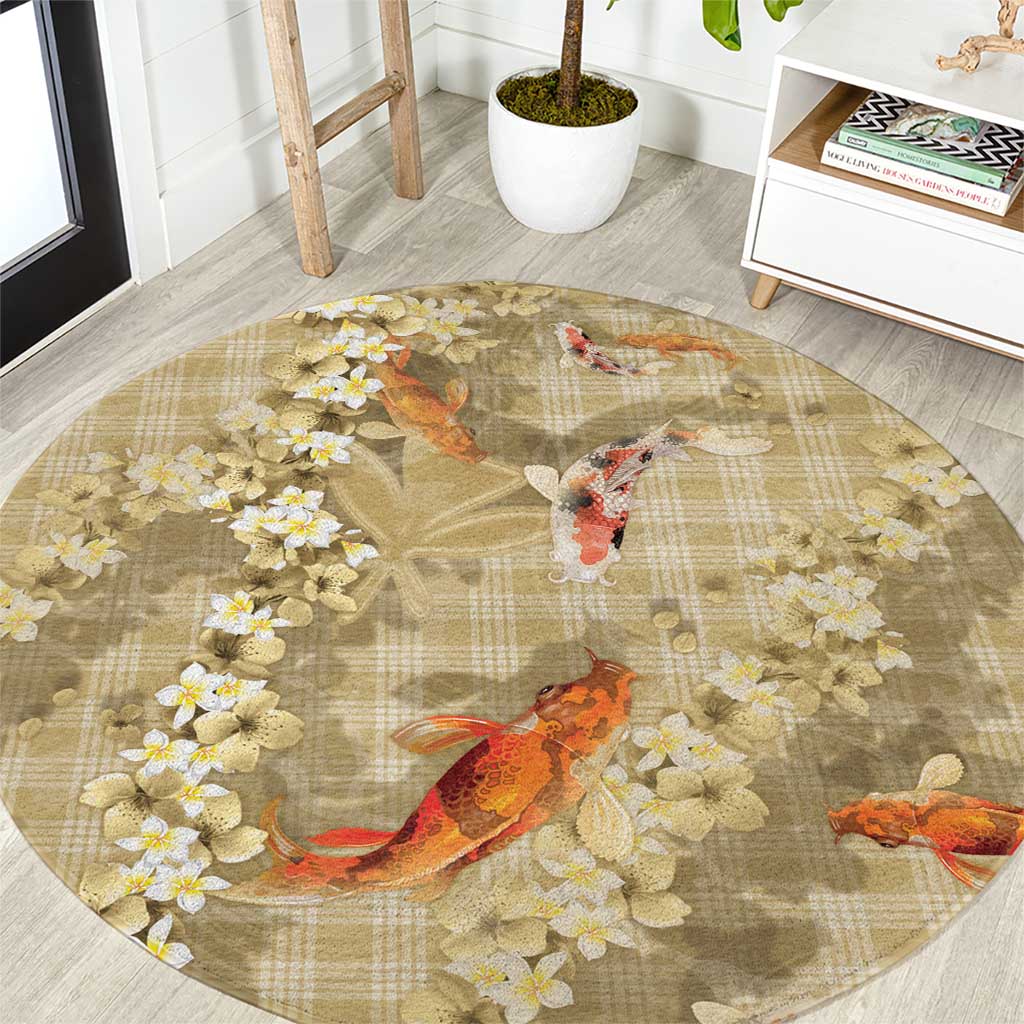 Beige Palaka Hawaiian And Japanese Round Carpet Sakura Lei With Koi Fish - Polynesian Pride
