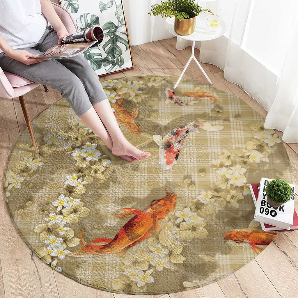 Beige Palaka Hawaiian And Japanese Round Carpet Sakura Lei With Koi Fish - Polynesian Pride