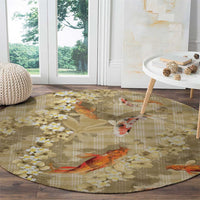 Beige Palaka Hawaiian And Japanese Round Carpet Sakura Lei With Koi Fish - Polynesian Pride