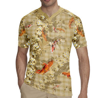 Beige Palaka Hawaiian And Japanese Rugby Jersey Sakura Lei With Koi Fish - Polynesian Pride
