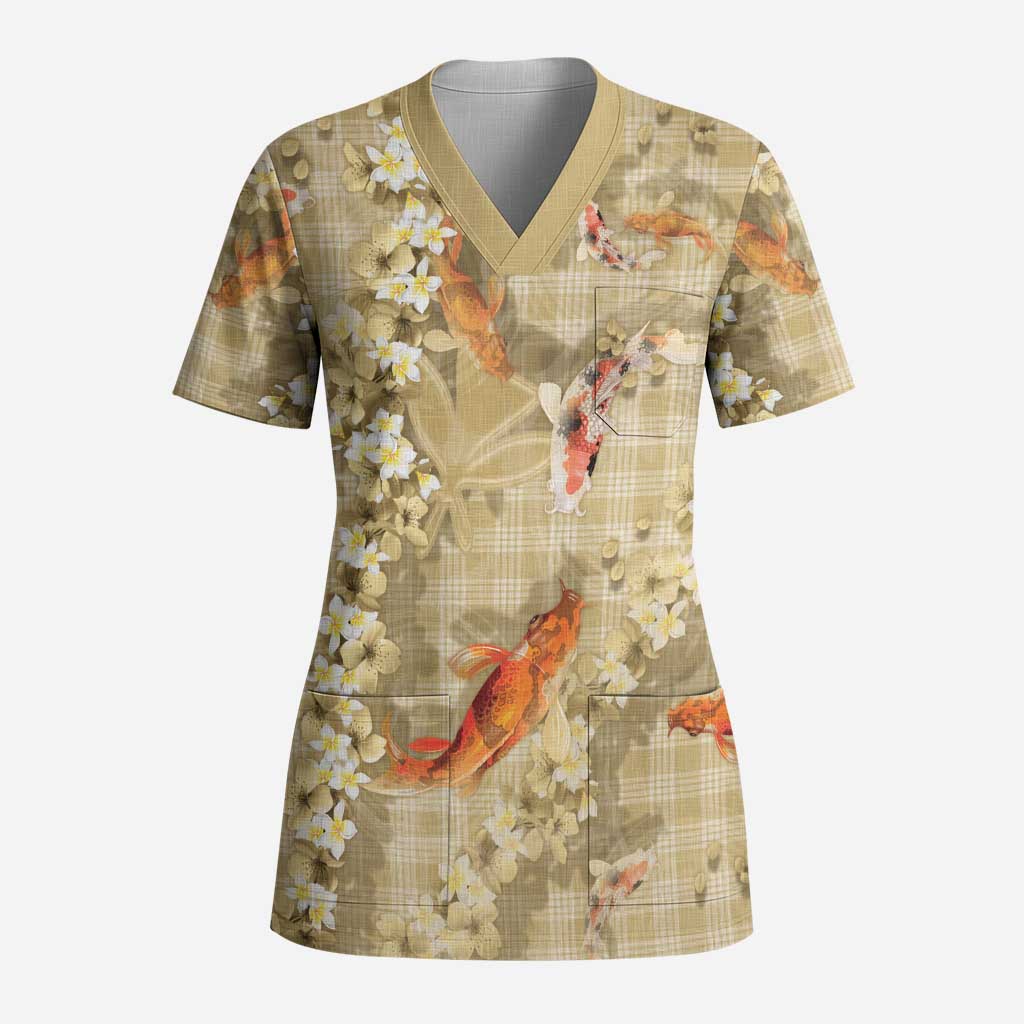 Beige Palaka Hawaiian And Japanese Scrub Top Sakura Lei With Koi Fish - Polynesian Pride
