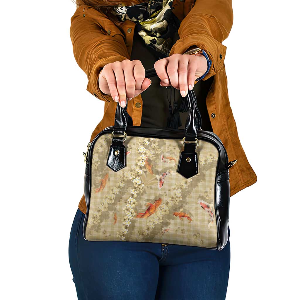 Beige Palaka Hawaiian And Japanese Shoulder Handbag Sakura Lei With Koi Fish - Polynesian Pride