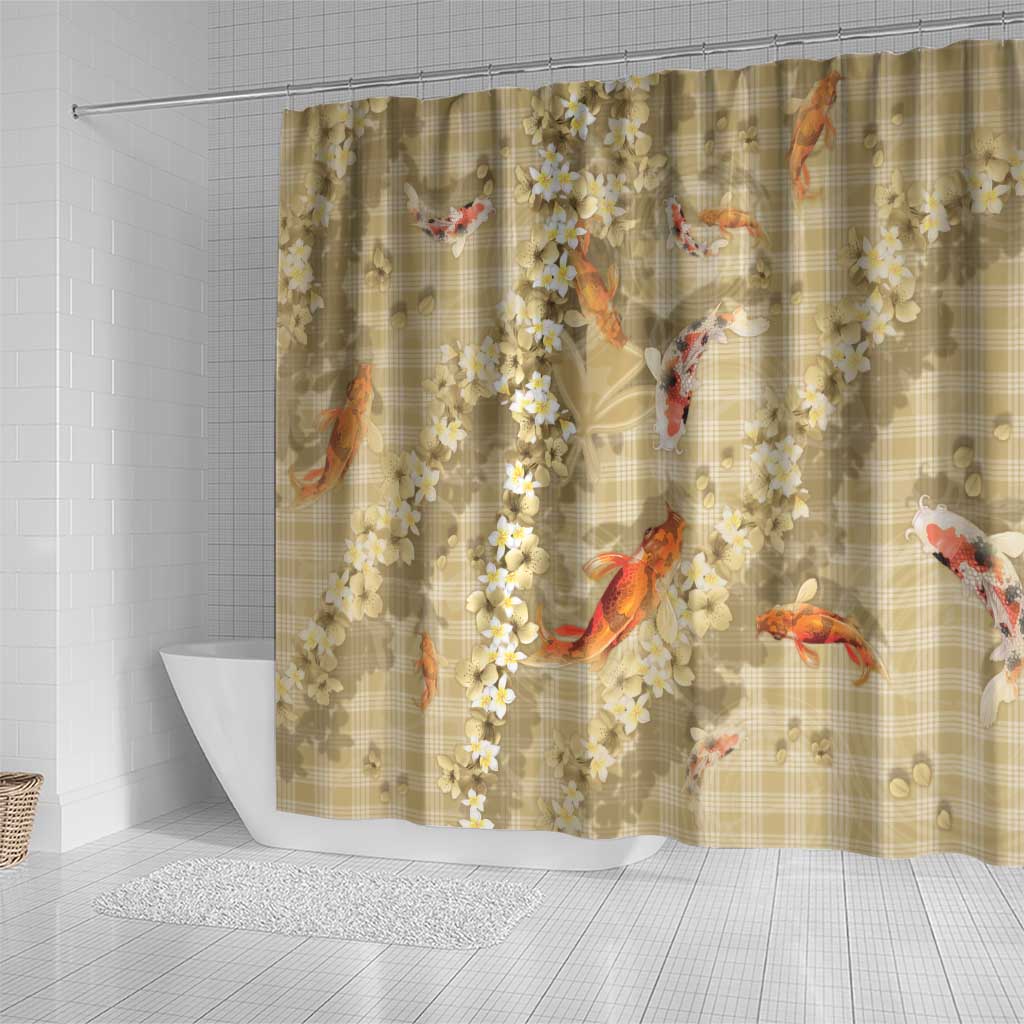 Beige Palaka Hawaiian And Japanese Shower Curtain Sakura Lei With Koi Fish - Polynesian Pride
