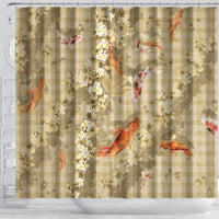 Beige Palaka Hawaiian And Japanese Shower Curtain Sakura Lei With Koi Fish - Polynesian Pride