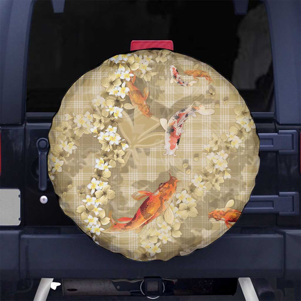 Beige Palaka Hawaiian And Japanese Spare Tire Cover Sakura Lei With Koi Fish - Polynesian Pride