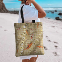 Beige Palaka Hawaiian And Japanese Tote Bag Sakura Lei With Koi Fish - Polynesian Pride
