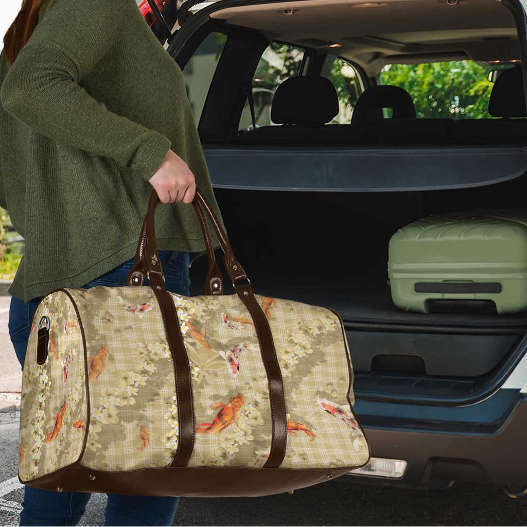 Beige Palaka Hawaiian And Japanese Travel Bag Sakura Lei With Koi Fish - Polynesian Pride