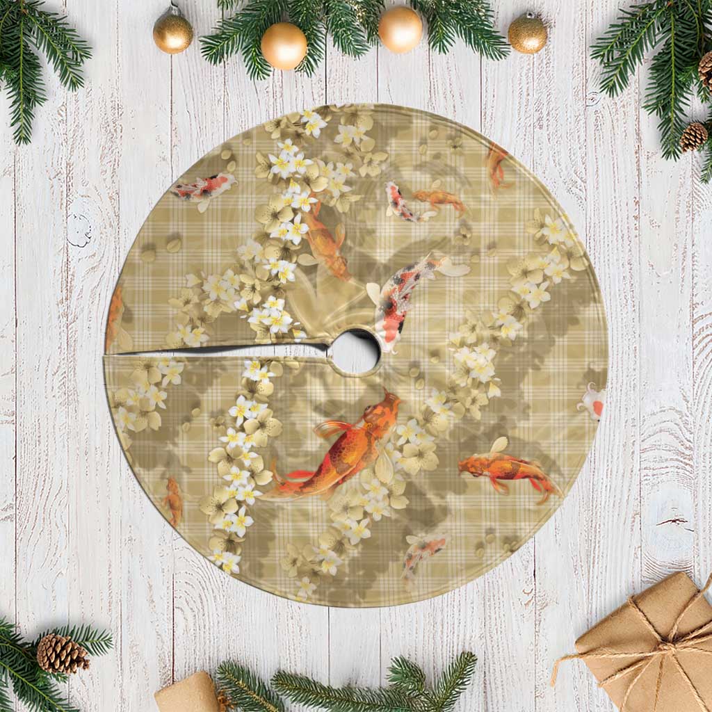 Beige Palaka Hawaiian And Japanese Tree Skirt Sakura Lei With Koi Fish - Polynesian Pride