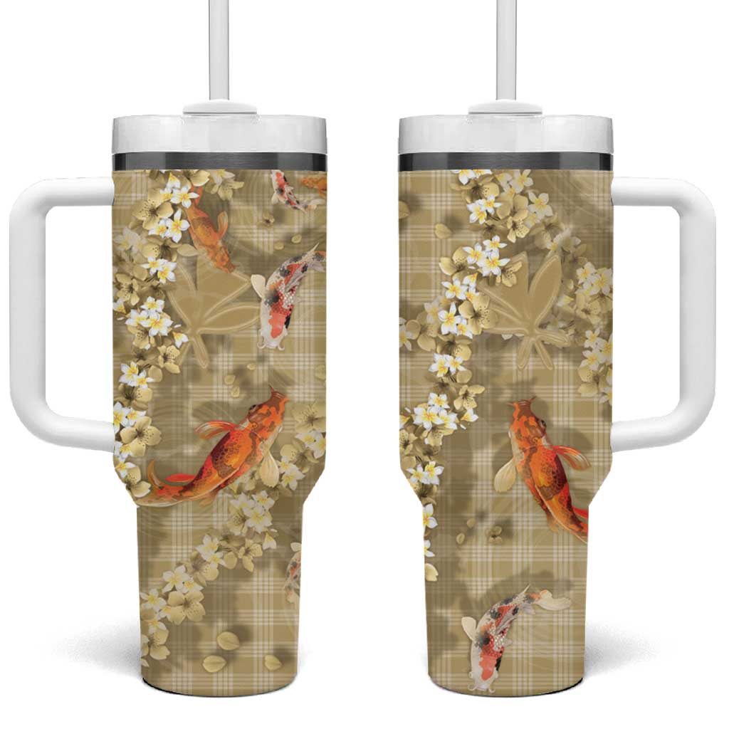 Beige Palaka Hawaiian And Japanese Tumbler With Handle Sakura Lei With Koi Fish - Polynesian Pride