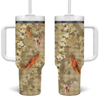 Beige Palaka Hawaiian And Japanese Tumbler With Handle Sakura Lei With Koi Fish - Polynesian Pride
