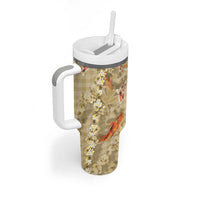 Beige Palaka Hawaiian And Japanese Tumbler With Handle Sakura Lei With Koi Fish - Polynesian Pride