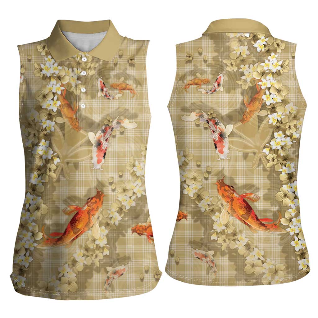 Beige Palaka Hawaiian And Japanese Women Sleeveless Polo Shirt Sakura Lei With Koi Fish - Polynesian Pride