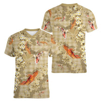 Beige Palaka Hawaiian And Japanese Women V-Neck T-Shirt Sakura Lei With Koi Fish - Polynesian Pride