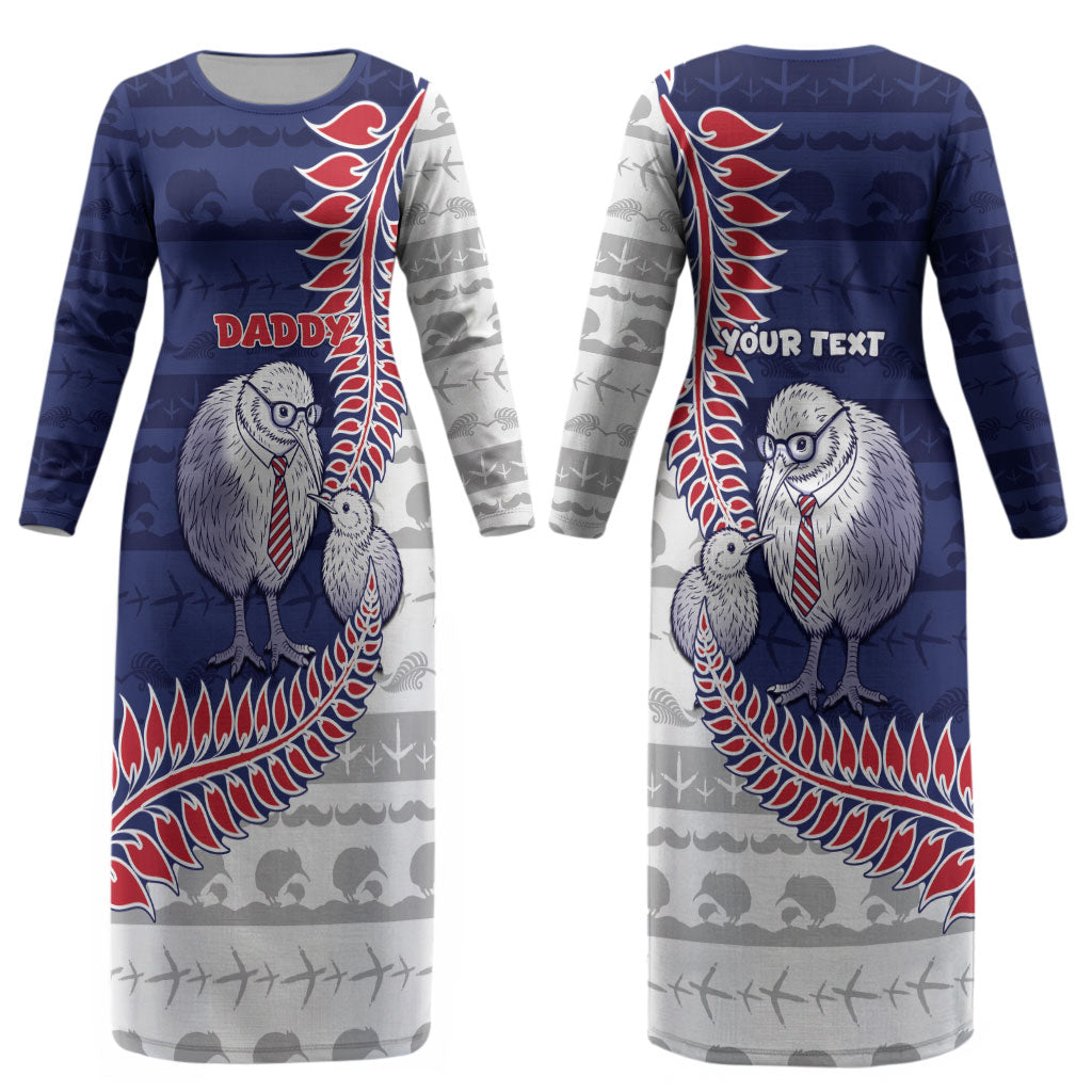 Personalised New Zealand Father's Day Couples Matching Long Sleeve Bodycon Dress and Hawaiian Shirt Daddy Kiwi Bird Silver Ferns