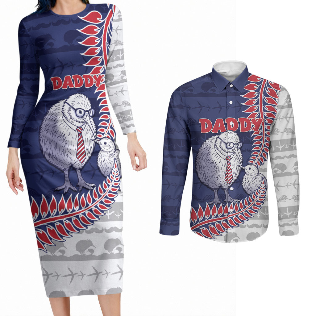 Personalised New Zealand Father's Day Couples Matching Long Sleeve Bodycon Dress and Long Sleeve Button Shirt Daddy Kiwi Bird Silver Ferns