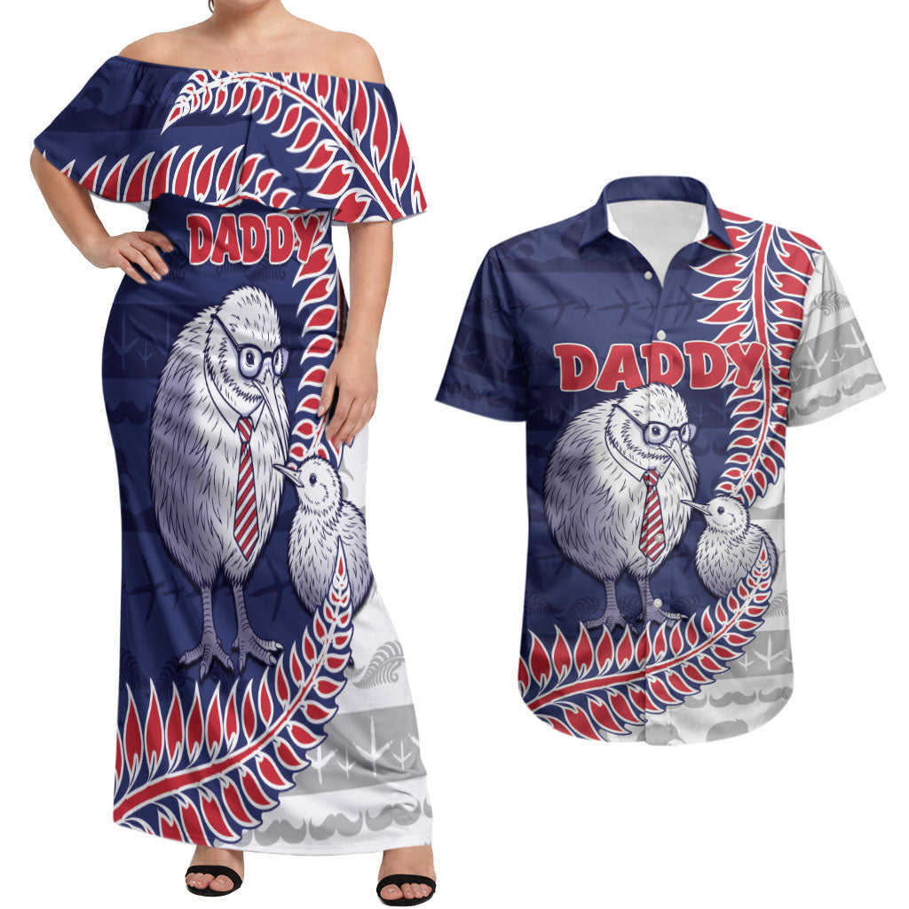 Personalised New Zealand Father's Day Couples Matching Off Shoulder Maxi Dress and Hawaiian Shirt Daddy Kiwi Bird Silver Ferns
