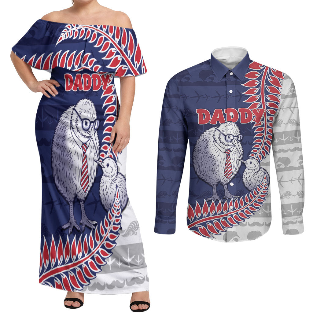 Personalised New Zealand Father's Day Couples Matching Off Shoulder Maxi Dress and Long Sleeve Button Shirt Daddy Kiwi Bird Silver Ferns