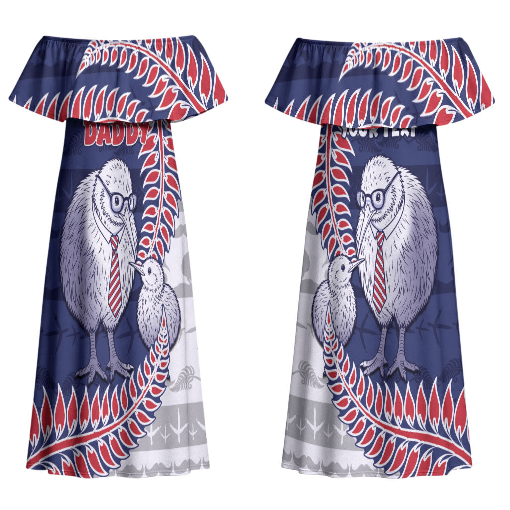 Personalised New Zealand Father's Day Couples Matching Off Shoulder Maxi Dress and Long Sleeve Button Shirt Daddy Kiwi Bird Silver Ferns