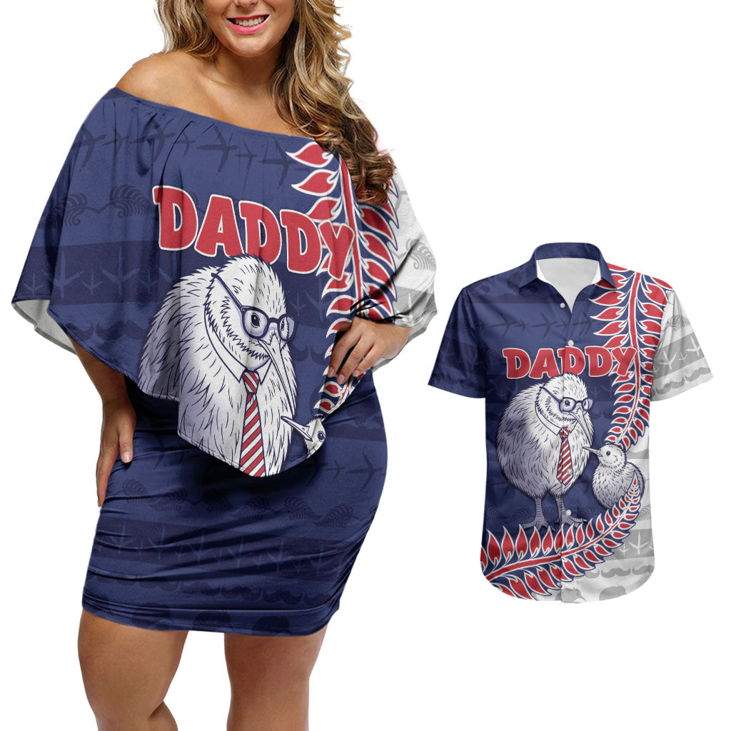 Personalised New Zealand Father's Day Couples Matching Off Shoulder Short Dress and Hawaiian Shirt Daddy Kiwi Bird Silver Ferns