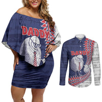 Personalised New Zealand Father's Day Couples Matching Off Shoulder Short Dress and Long Sleeve Button Shirt Daddy Kiwi Bird Silver Ferns