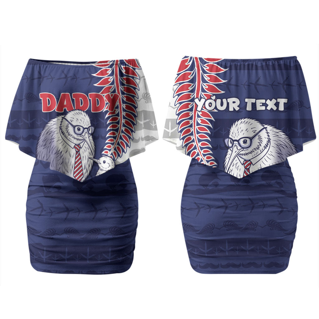 Personalised New Zealand Father's Day Couples Matching Off Shoulder Short Dress and Long Sleeve Button Shirt Daddy Kiwi Bird Silver Ferns