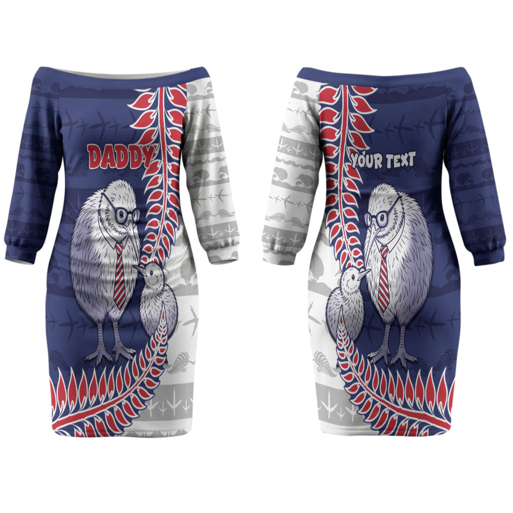 Personalised New Zealand Father's Day Couples Matching Off The Shoulder Long Sleeve Dress and Hawaiian Shirt Daddy Kiwi Bird Silver Ferns