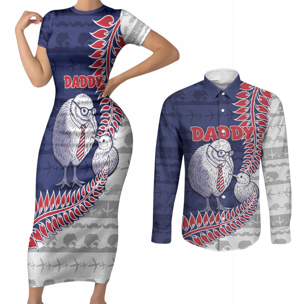 Personalised New Zealand Father's Day Couples Matching Short Sleeve Bodycon Dress and Long Sleeve Button Shirt Daddy Kiwi Bird Silver Ferns