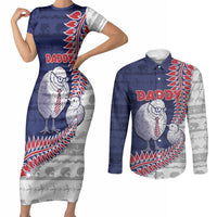 Personalised New Zealand Father's Day Couples Matching Short Sleeve Bodycon Dress and Long Sleeve Button Shirt Daddy Kiwi Bird Silver Ferns