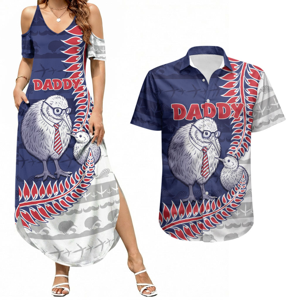 Personalised New Zealand Father's Day Couples Matching Summer Maxi Dress and Hawaiian Shirt Daddy Kiwi Bird Silver Ferns